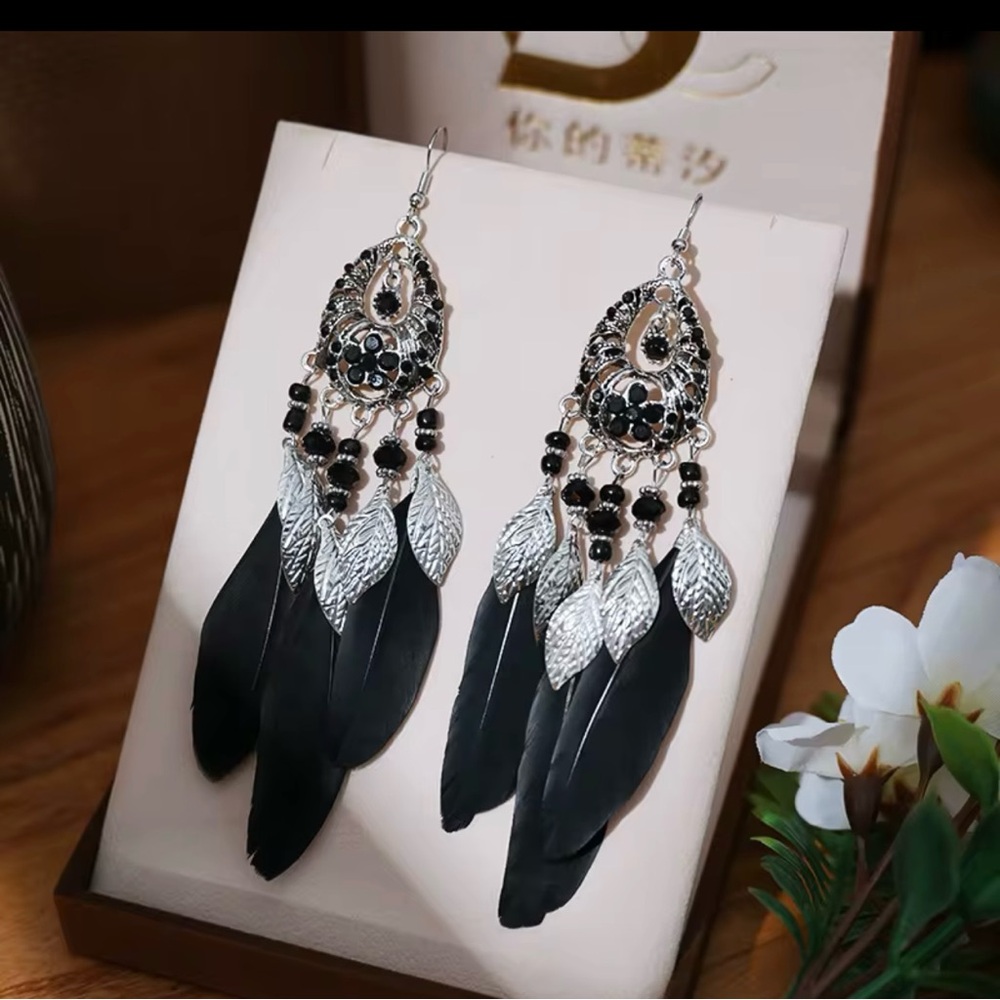 Elegant Black and Silver Feather Earrings